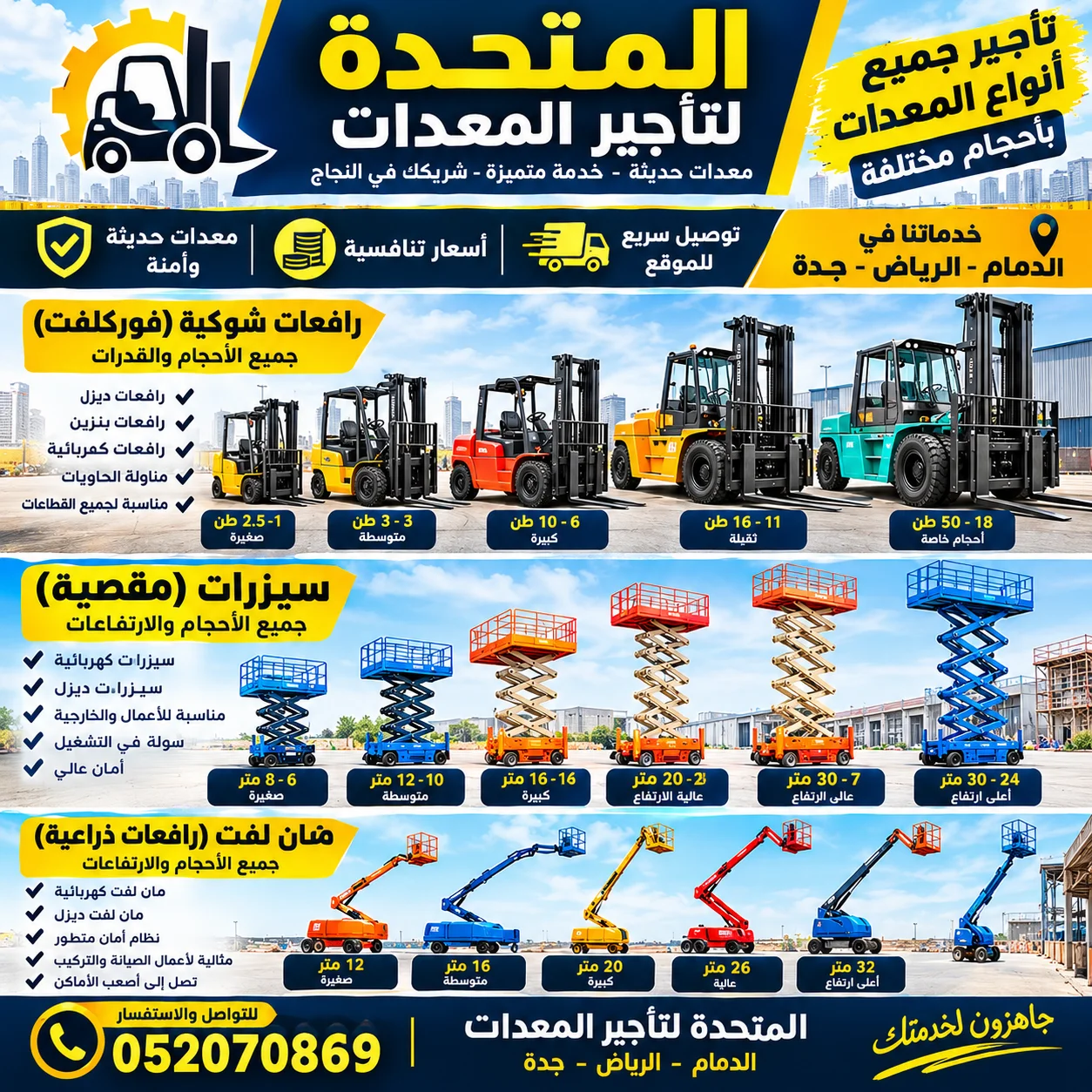 للأيجار فوركلفت وسيزرات جميع الأحجام فالدمام والرياض وجدة0562070869
