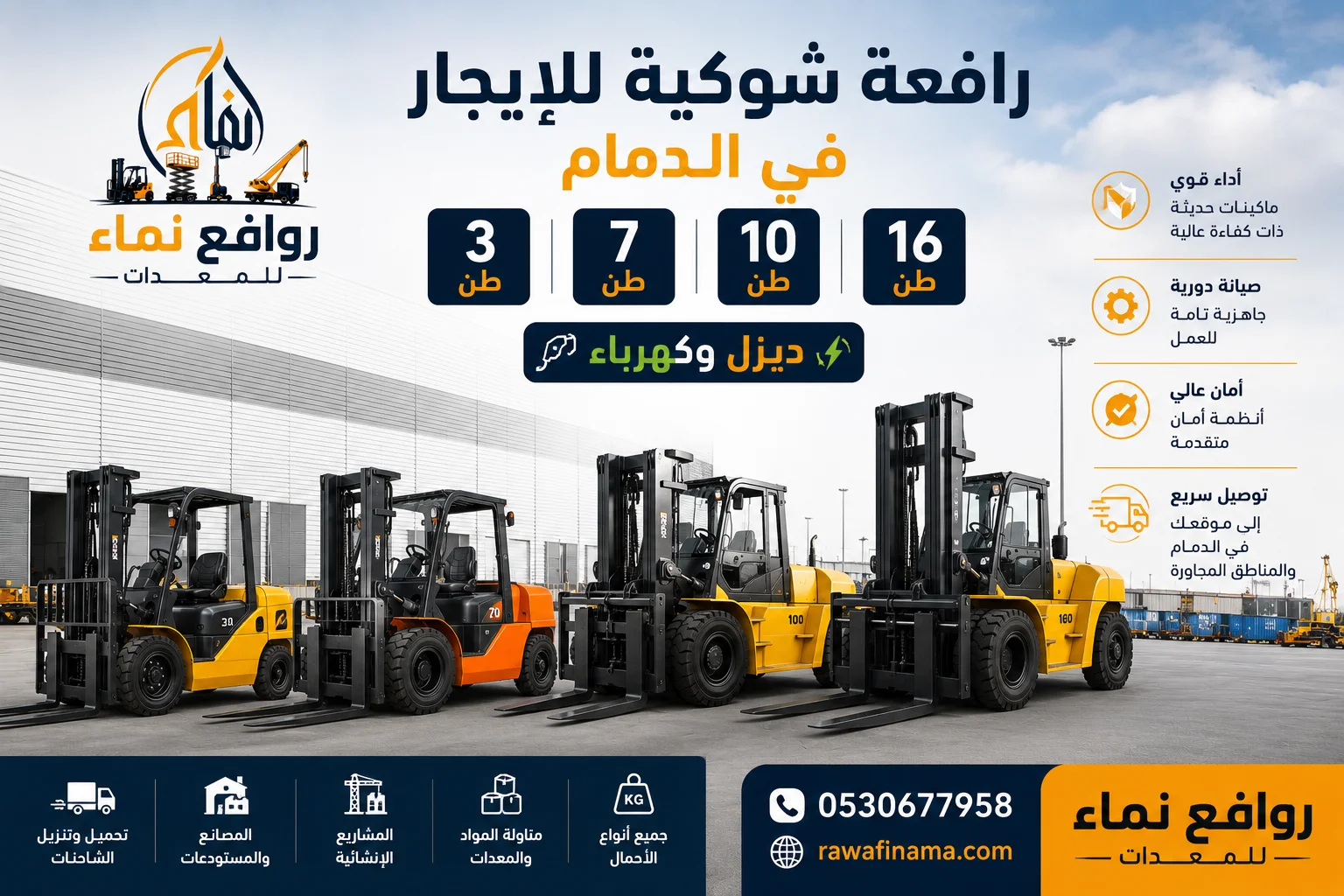 رافعة شوكية للإيجار في الدمام | 3 • 7 • 10 • 16 طن | ديزل وكهرباء - نماء للمعدات