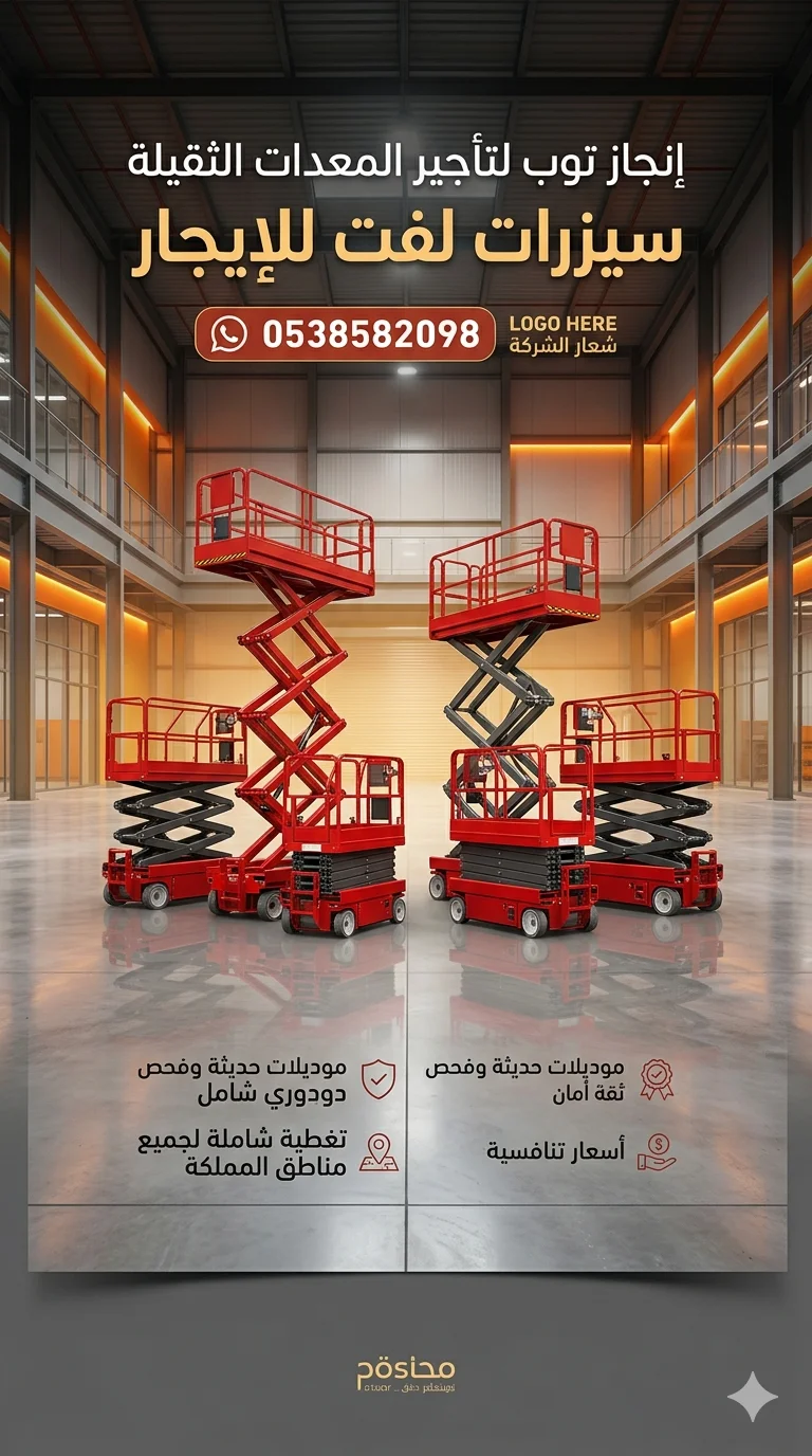 سيزر لفت للإيجار (8م - 10م - 12م - 14م - 16م - 18م - 20م) ثقة • أمان • جودة • سرعة في الإنجاز اتصل الآن: 0558742377