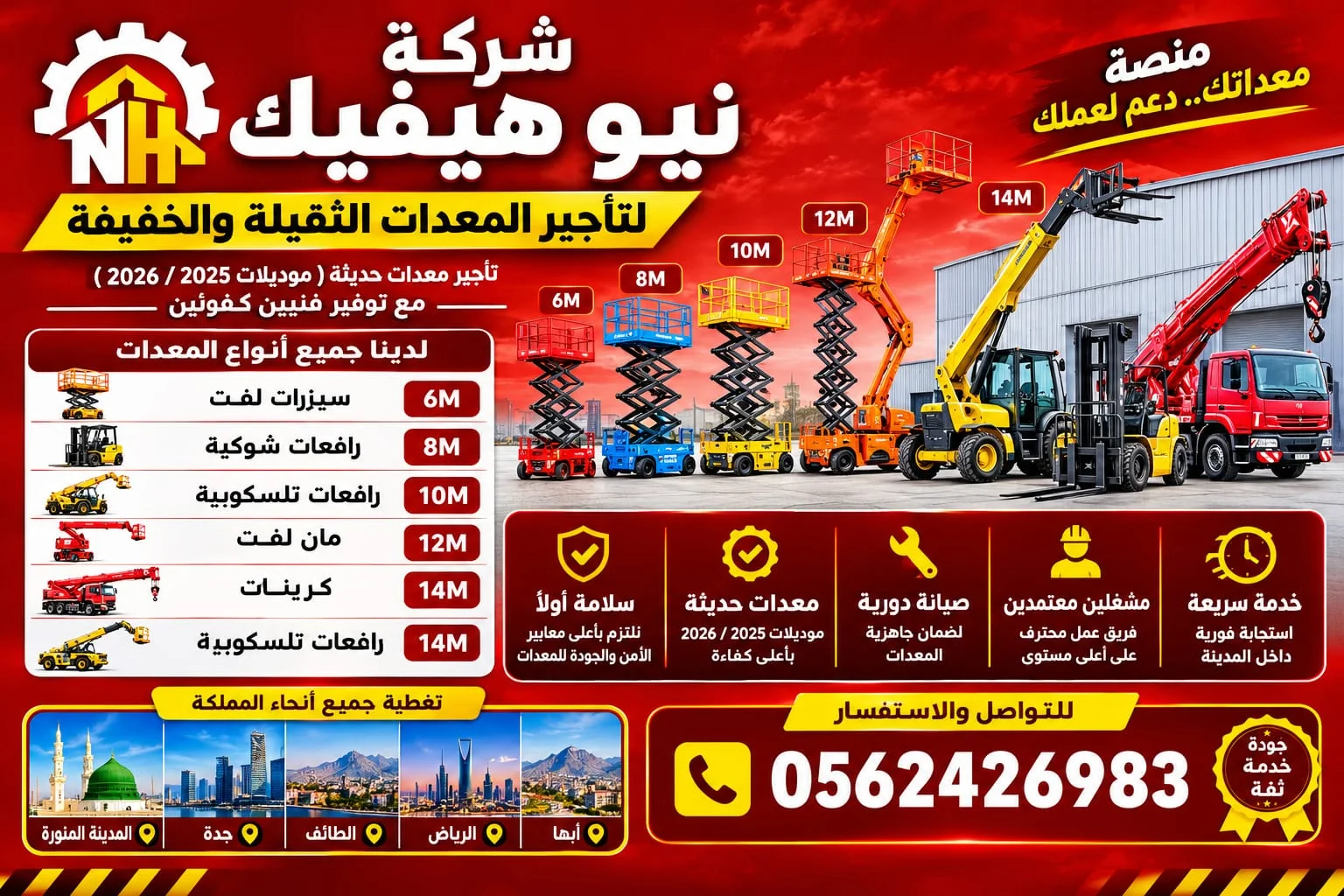 شركة نيو هيفيك لتاجير المعدات الثقيله سيزرات لفت رفعات شوكية كرينات للايجار في المدينة المنورة
