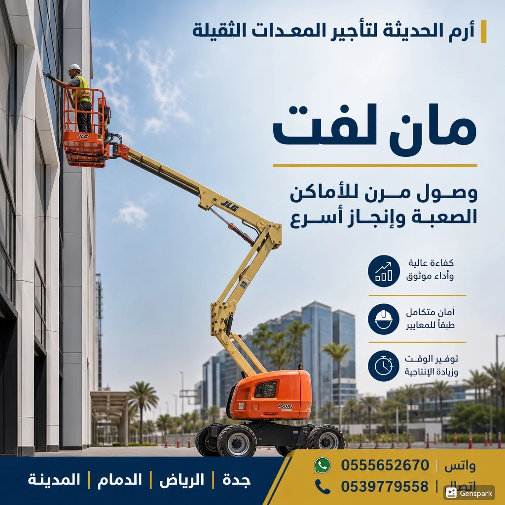 ايجار مانلفتmanlift كهرباء وديزل بجميع المقاسات من 12متر الى 58متر تواصل 0555652670او059779558تغطية جميع محافظات المملكة