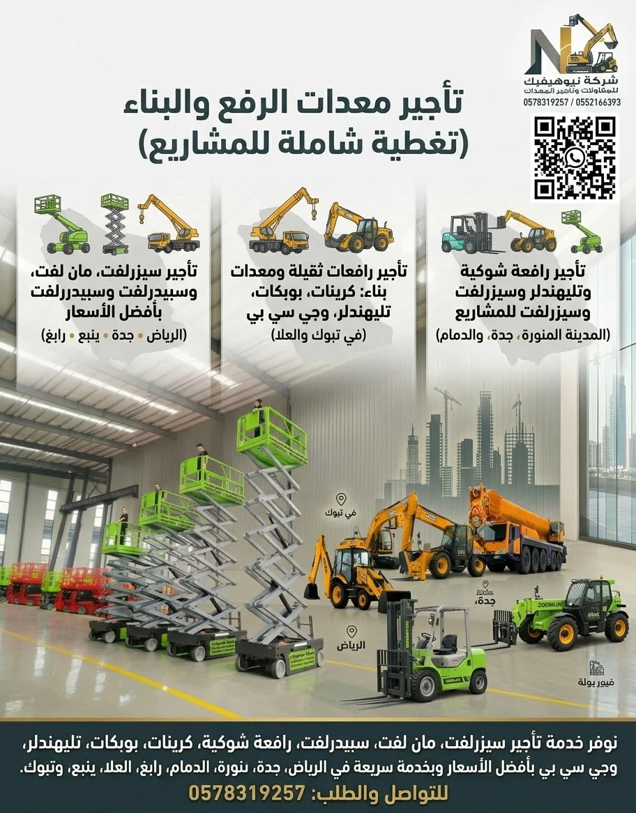 تأجير سيزرلفت ومان لفت وسبيدرلفت | أفضل أسعار رافعات وشوكية | جدة، الرياض، المدينة، الدمام