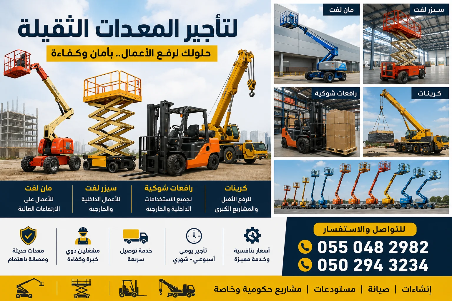 سيزرلفت 12m 8m 10m 6m للايجار ومان لفت ورافعات شوكيه وكرينات للايجار