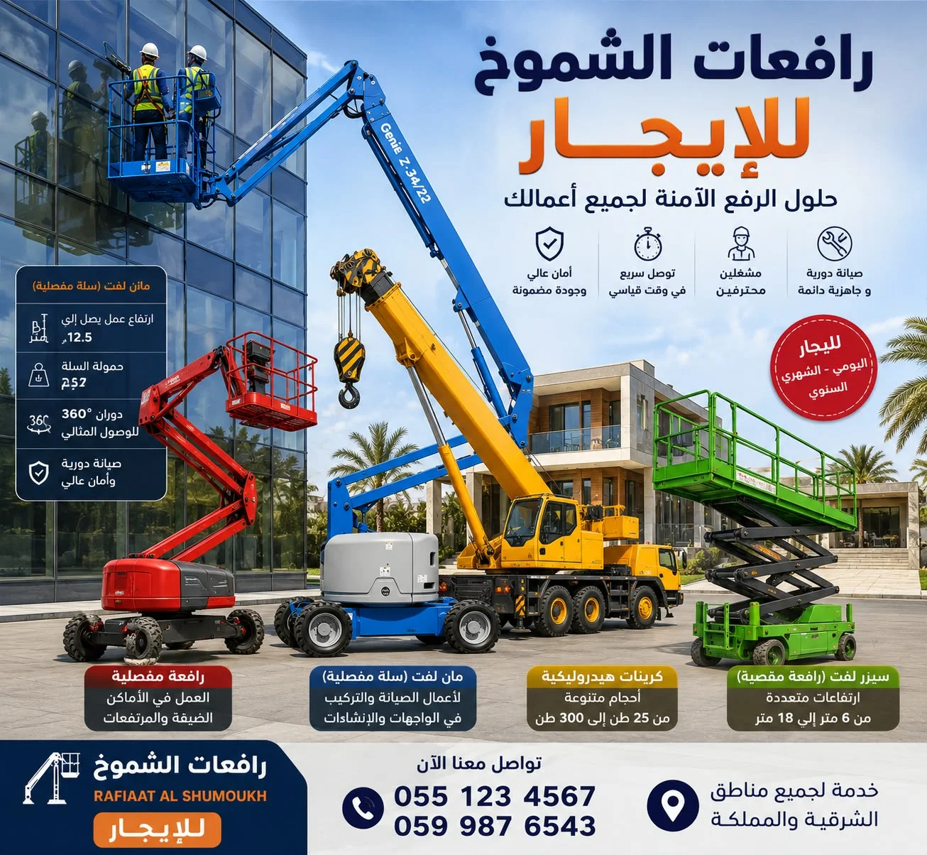 سيزر لفت 12م و14م للإيجار — ارتفاعك علينا، وإنجازك علينا!